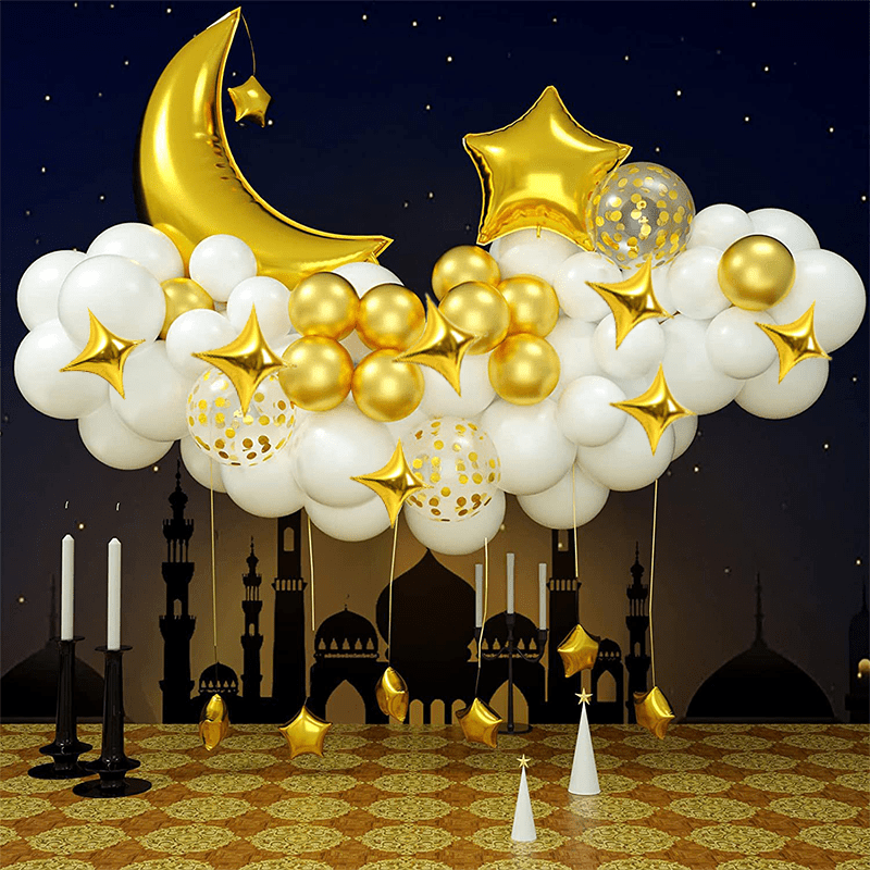 ديكورات رمضان ( مجموعة بالونات القمر والنجمة 71 قطعة - بالونات لاتكس ورقائق ذهبية وبيضاء لشهر رمضان )