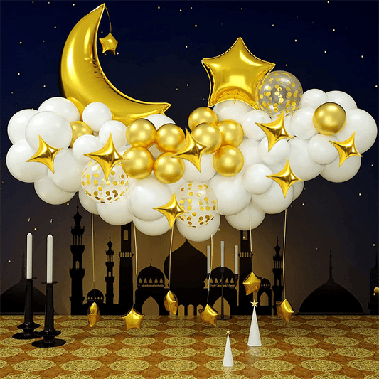 ديكورات رمضان ( مجموعة بالونات القمر والنجمة 71 قطعة - بالونات لاتكس ورقائق ذهبية وبيضاء لشهر رمضان )