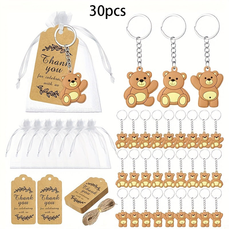 30Pcs Bear Keychain Art Gift Pendant Accessories Pvc Material Birthday Party Supplies, with Organza Bag Thank You Kraft Label And Rope, Suitable for Decorating Weddings, Parties, Gift Showers, Baby Showers, Birthday Parties,