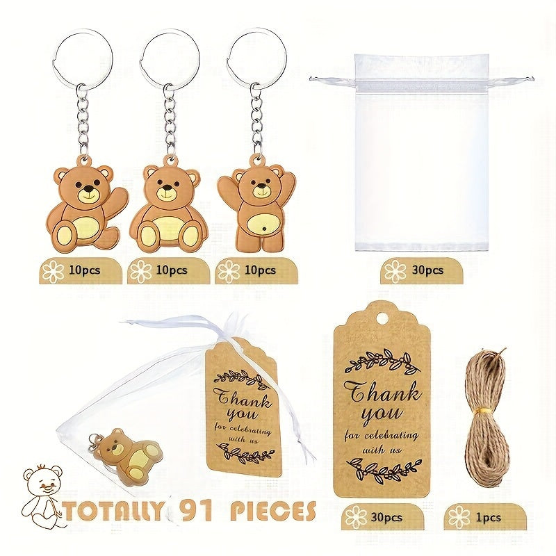 30Pcs Bear Keychain Art Gift Pendant Accessories Pvc Material Birthday Party Supplies, with Organza Bag Thank You Kraft Label And Rope, Suitable for Decorating Weddings, Parties, Gift Showers, Baby Showers, Birthday Parties,